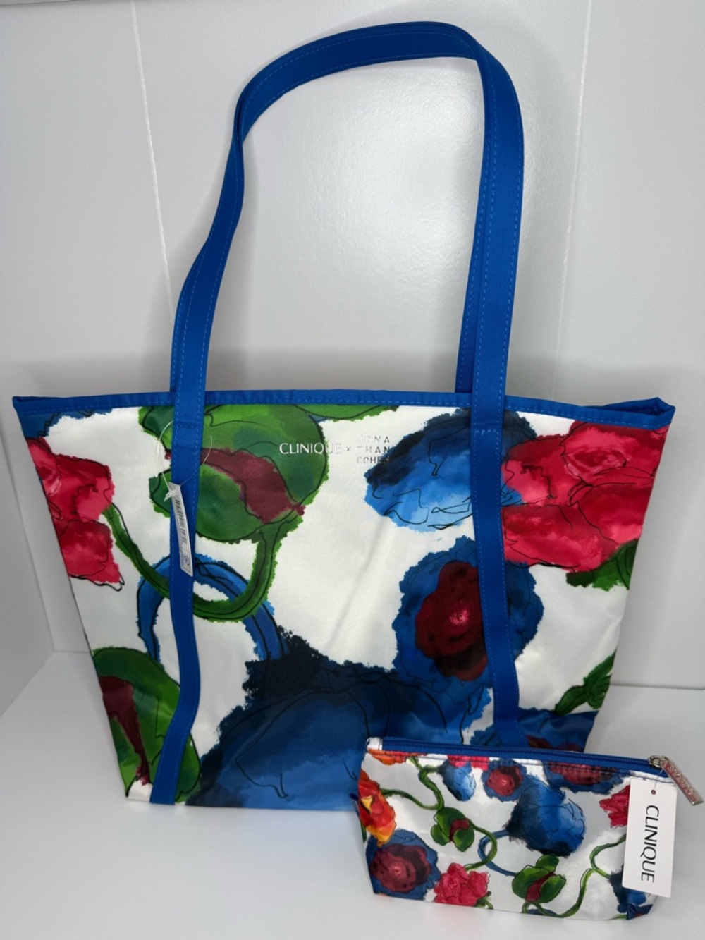 Clinique Blue and White Floral Tote with Matching Pouch